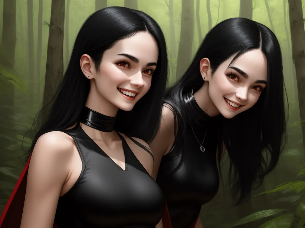 picture converter - two beautiful women standing next to each other in a forest with trees and bushes behind them, one of them wearing a black top, by Lois van Baarle