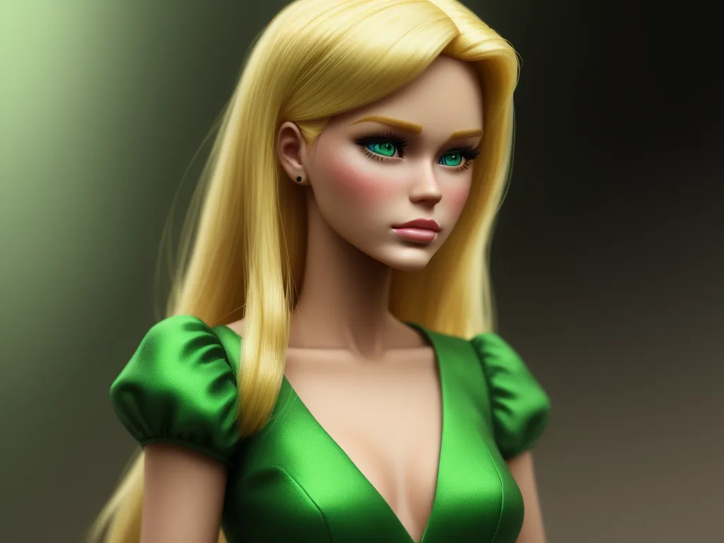 a blonde doll with a green dress on a black background with a green background and a green background with a white background, by Hanna-Barbera