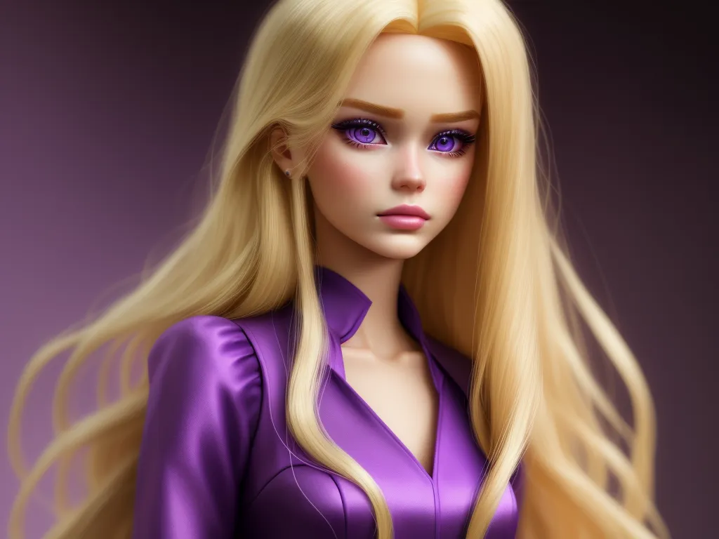 a barbie doll with long blonde hair and purple eyes and a purple shirt on a purple background with a purple background, by Daniela Uhlig