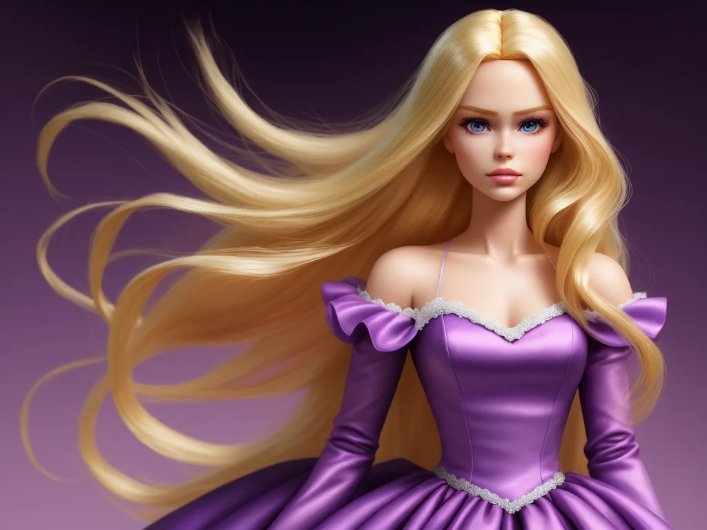 a barbie doll with long blonde hair and a purple dress on a purple background with a purple background and a purple background, by Pixar Concept Artists