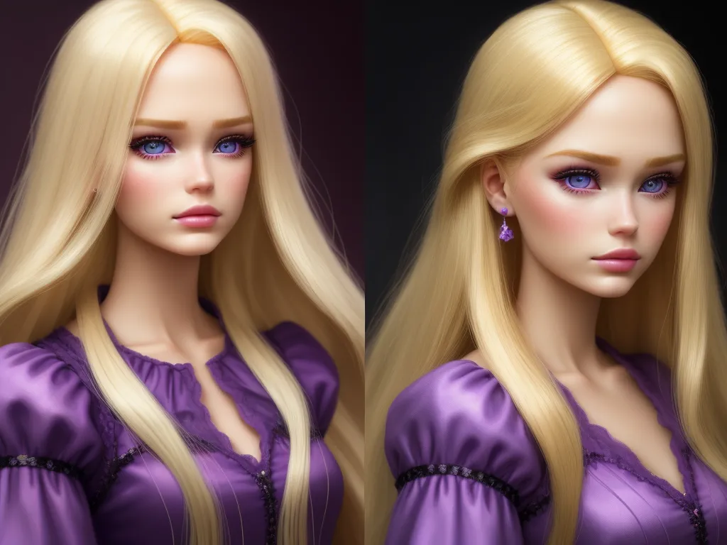 a blonde doll with long hair and blue eyes wearing a purple dress and earrings, and a purple dress, by Sailor Moon