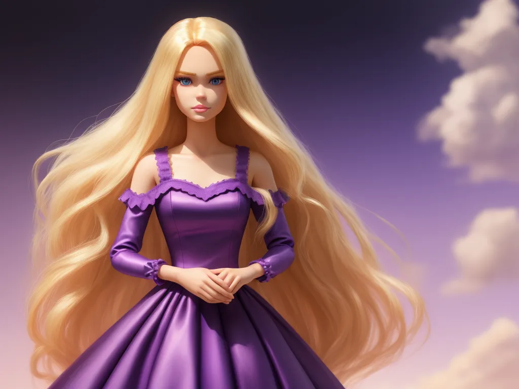 ai upscaler - a barbie doll with long blonde hair in a purple dress with a purple dress on it's chest, by Toei Animations