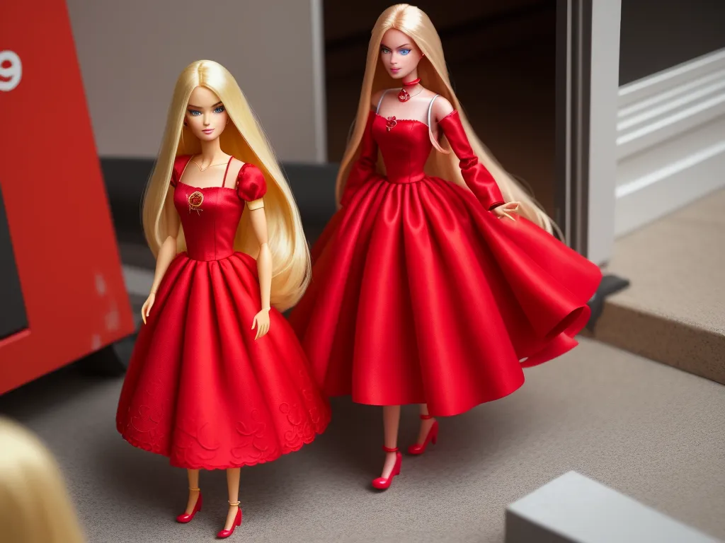 ai that generates images - two dolls in red dresses standing next to each other on a table with a red box in the background, by Toei Animations