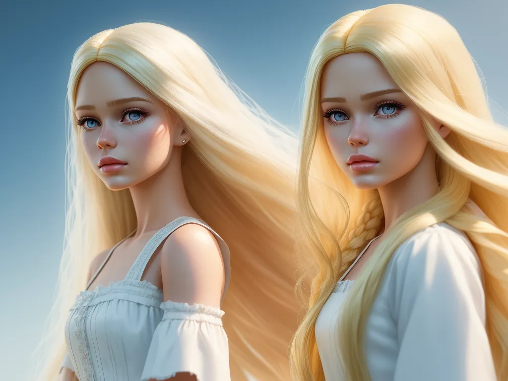 a blonde haired woman with long hair and a white dress is shown in a digital painting style, with a blue sky in the background, by Daniela Uhlig