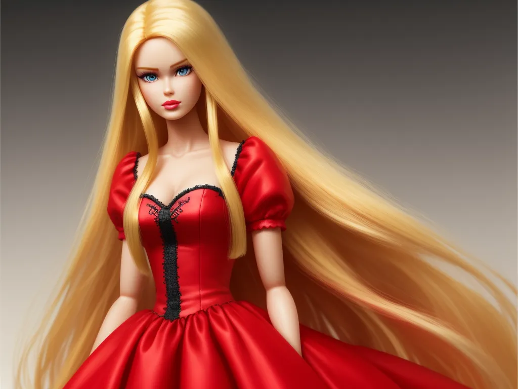 ai image enhancer - a doll with long blonde hair wearing a red dress and black trims on her head and shoulders, with a red dress on, by Toei Animations