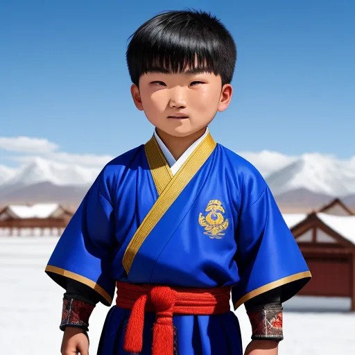 turn a picture into high resolution - a young boy in a blue kimono standing in the snow with mountains in the background and a blue sky, by Liu Ye