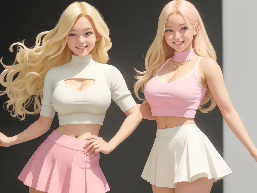 two women in short skirts and crop tops posing for a picture together, both wearing short skirts and crop tops, by Toei Animations