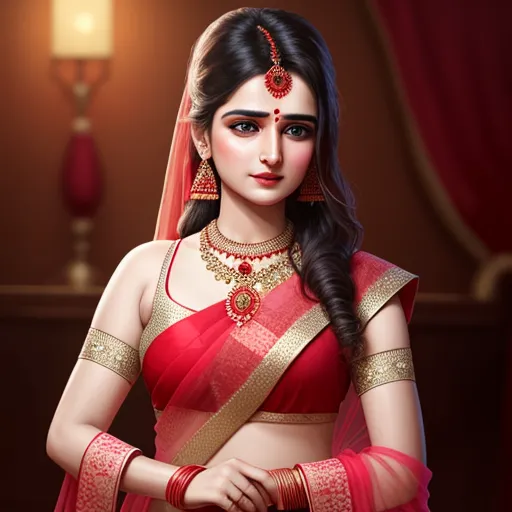 change picture resolution - a woman in a red and gold sari with a red and gold necklace and earrings on her head, by Raja Ravi Varma