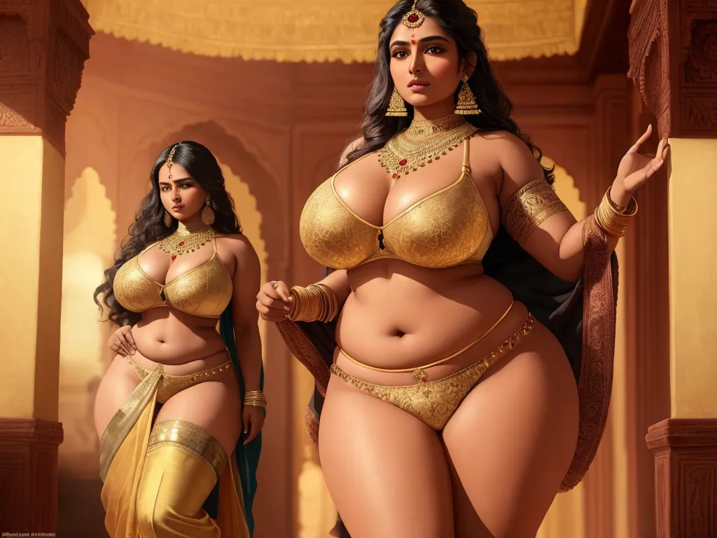 how to increase image resolution - two women in gold lingerie standing next to each other in a room with a gold ceiling and a gold wall, by Kent Monkman