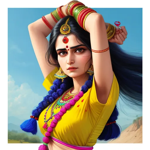 turn photo to 4k - a painting of a woman in a yellow dress with a blue tail and a necklace on her head and a blue sky in the background, by Raja Ravi Varma