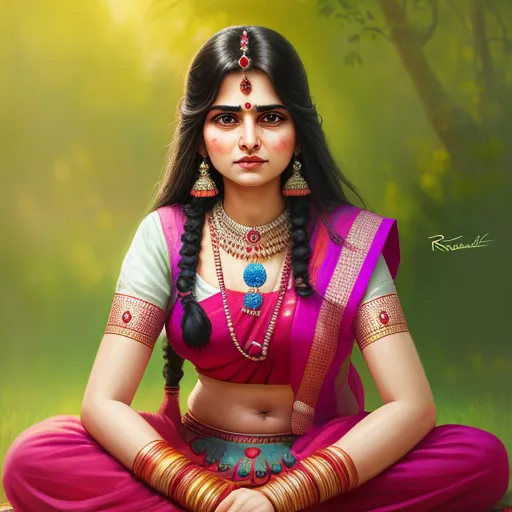 convert to high resolution - a painting of a woman in a pink outfit sitting in a lotus position with her hands in her pockets, by Raja Ravi Varma