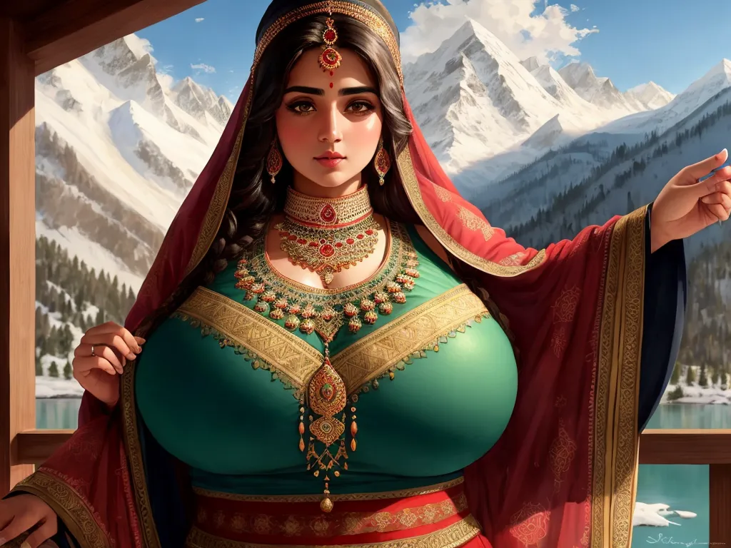 a woman in a green and red outfit with a mountain background and snow covered mountains in the background, with a mountain range in the background, by Raja Ravi Varma