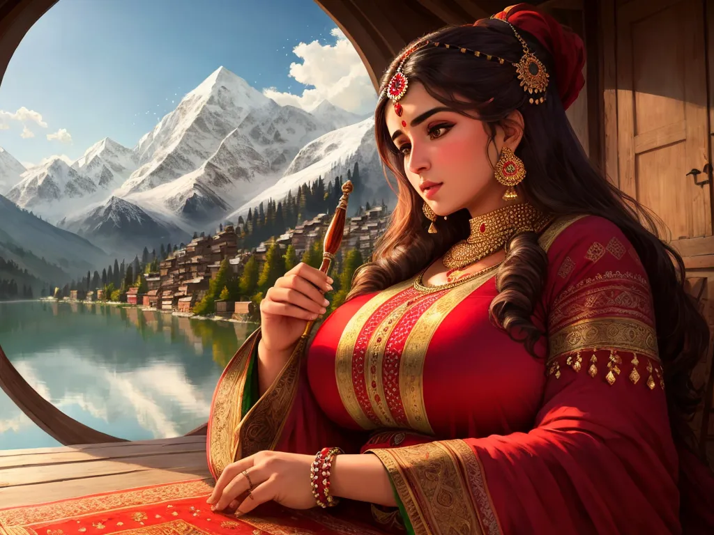 a woman in a red dress holding a pen and looking out a window at a mountain lake and snow capped mountains, by Raja Ravi Varma