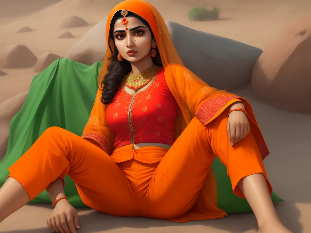 how to increase image resolution - a woman in a red and orange outfit sitting on a rock in the desert with a green blanket behind her, by Raja Ravi Varma