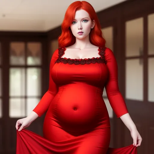 how do i improve the quality of a photo - a woman in a red dress is standing in a room with a red dress on her belly and a red dress on her belly, by Edith Lawrence