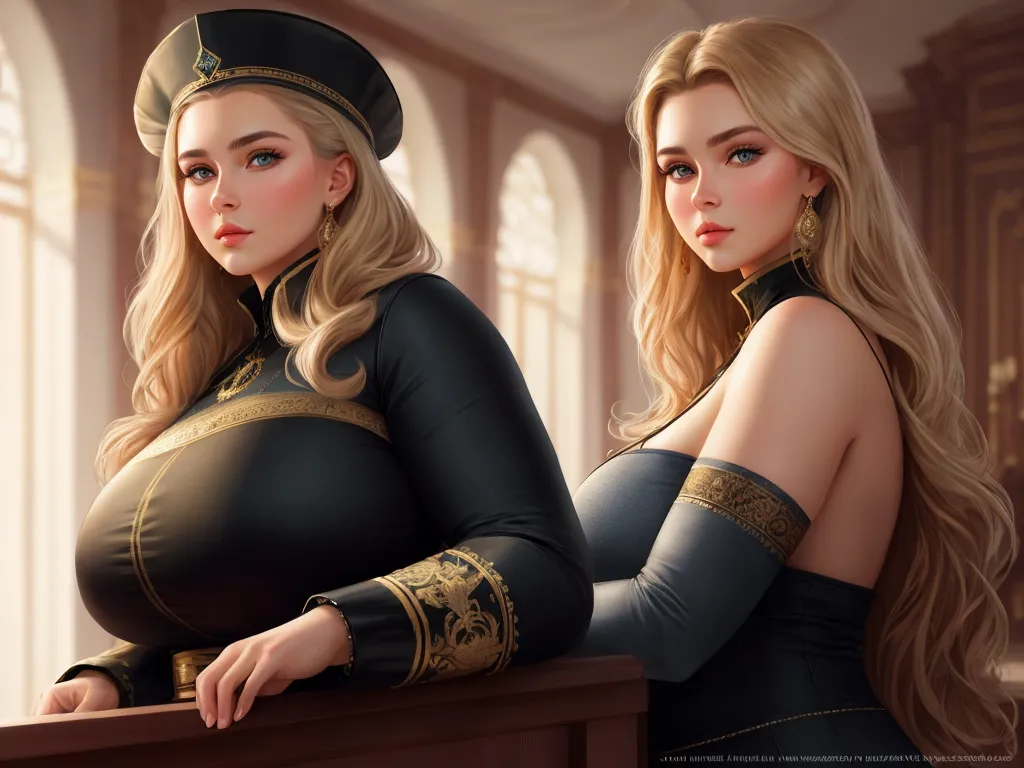 best ai photo editor - a painting of two women in costumes posing for a picture together, one of them is wearing a hat and the other is wearing a black dress, by Lois van Baarle