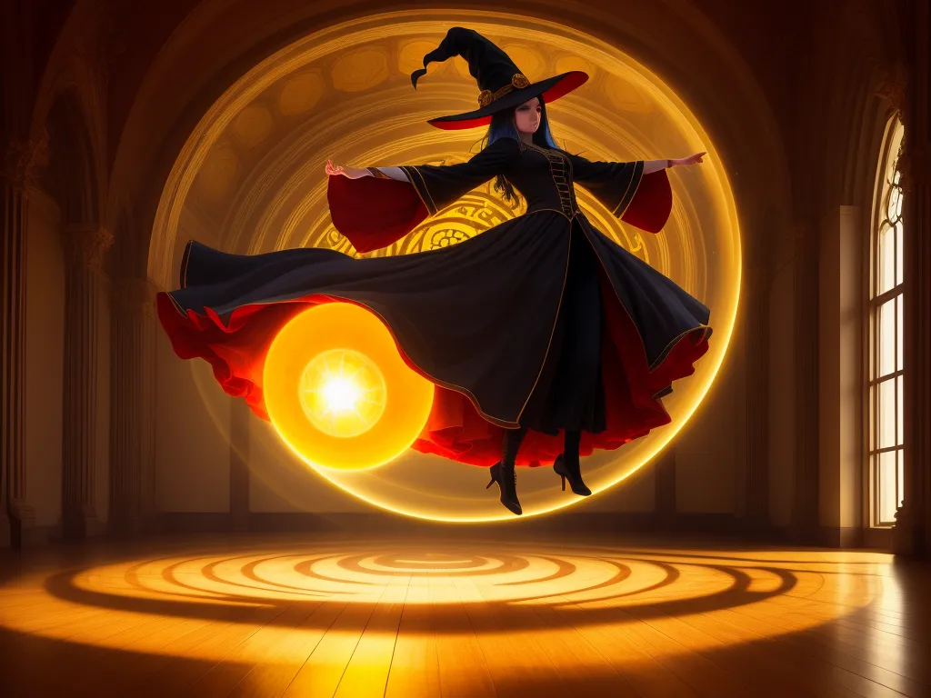 4k photo converter free - a woman in a witch costume is flying through the air with her arms outstretched in front of a circular light, by Lois van Baarle