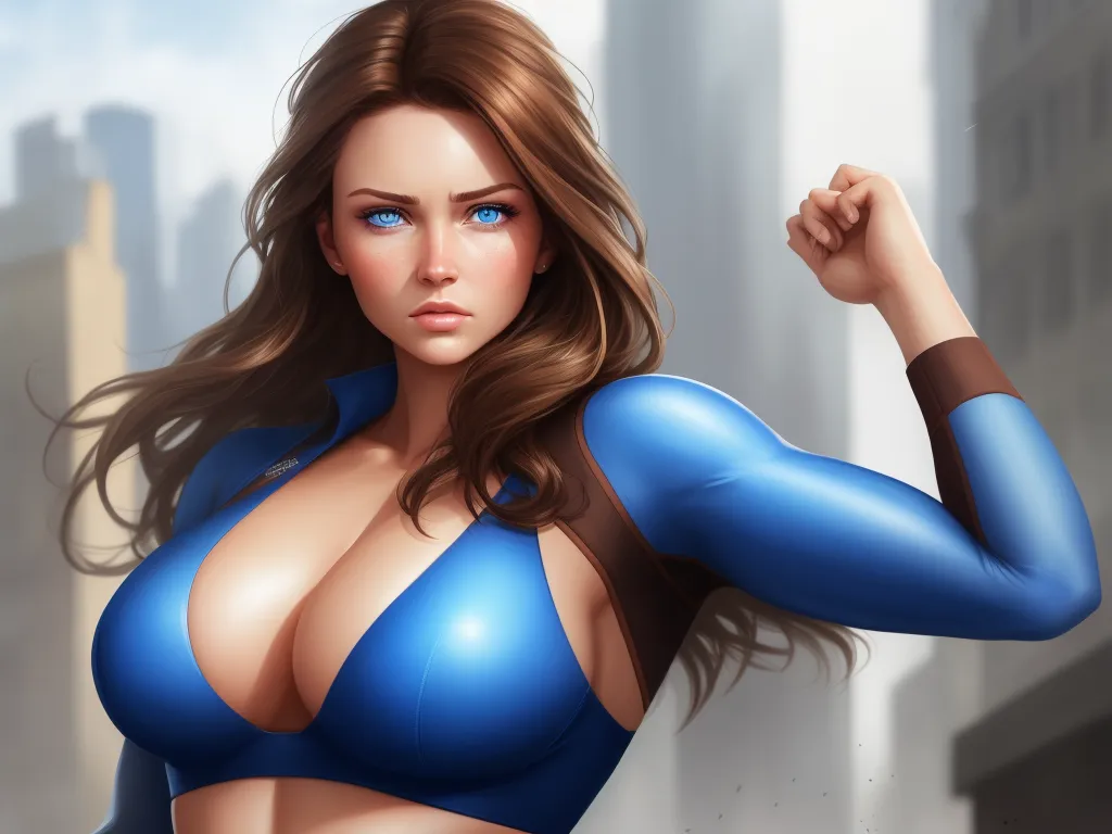 photo coverter - a woman in a blue bikini posing for a picture in a cityscape with a fist raised in the air, by Lois van Baarle