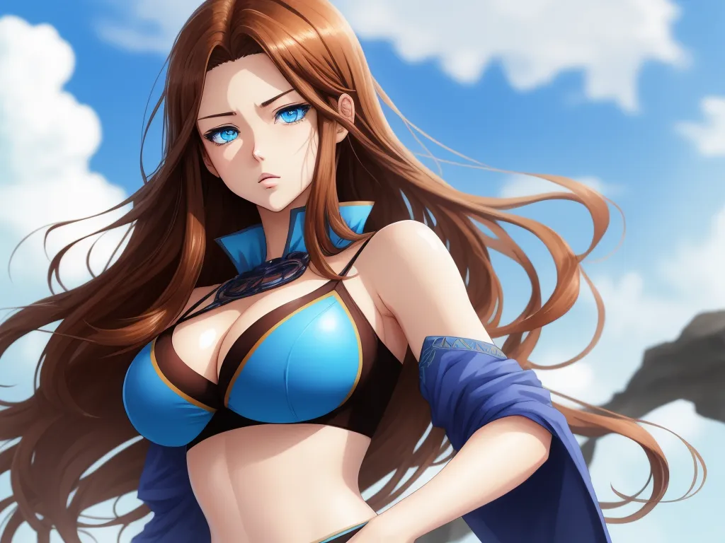 a woman in a bikini with long hair and blue eyes standing in front of a sky with clouds and a bird, by Toei Animations