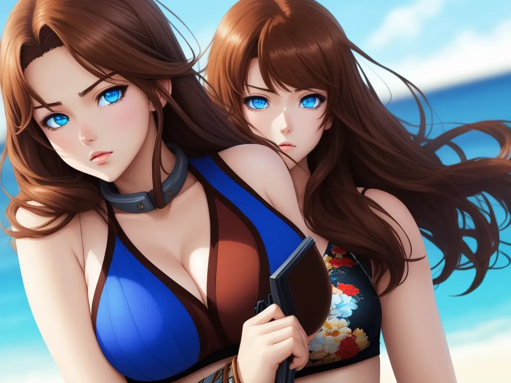 two women in bikinis standing next to each other on a beach with a blue sky in the background, by Toei Animations