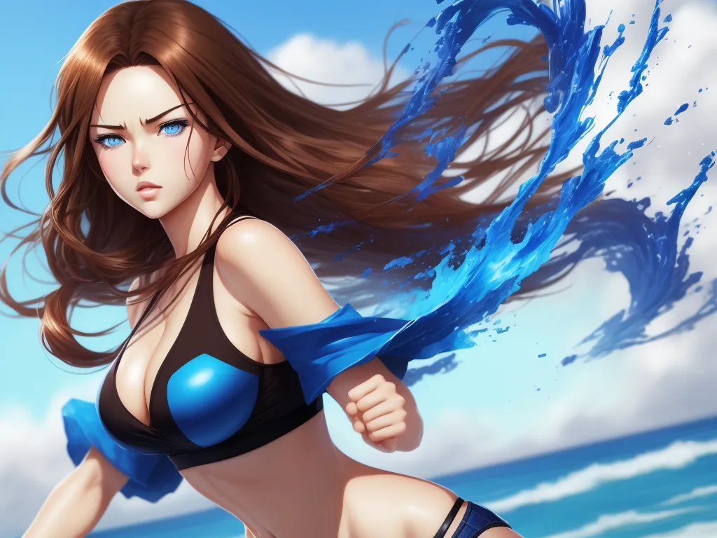 1080p to 4k converter picture - a woman in a bikini running on the beach with blue water splashing around her body and her hair in the wind, by Cyril Rolando