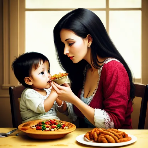 a woman feeding a child a piece of food at a table with a plate of food on it and a plate of cookies, by Cyril Rolando