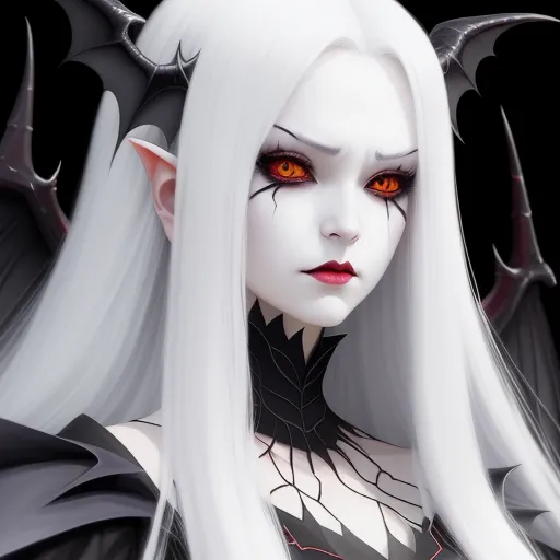 how to make a photo high resolution - a woman with white hair and red eyes wearing a black outfit with horns and wings on her head and a black dress with red eyes, by Daniela Uhlig