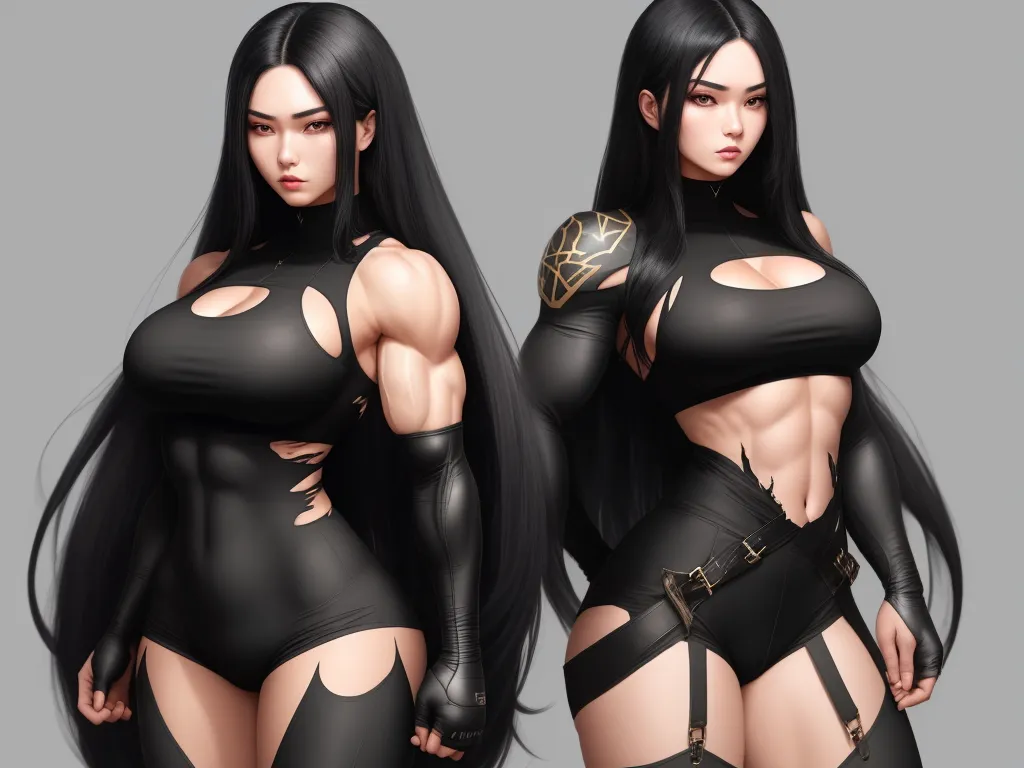 change photo resolution - a woman in a black outfit with a sword and a bodysuit with cutouts on it, and a large breast, by theCHAMBA