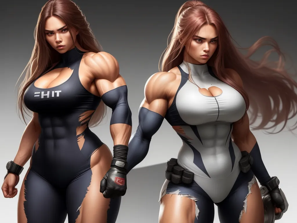 4k quality converter - two women in bodysuits with muscles and arms, one with a muscular figure, the other with a muscular figure, by Terada Katsuya