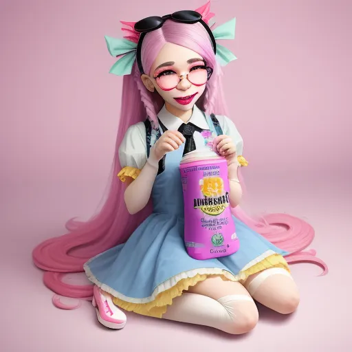 convert photo to 4k - a girl with pink hair and glasses holding a pink cup of coffee and a pink background with a pink background, by Hikari Shimoda