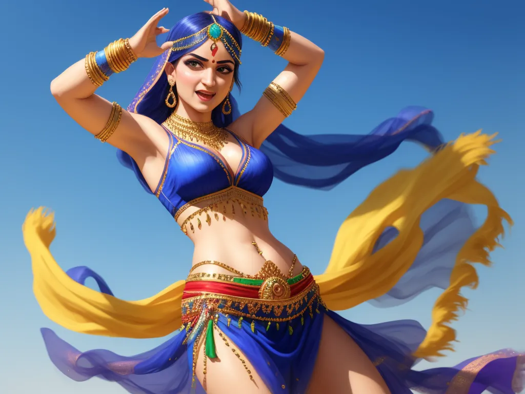 ai based photo enhancer - a woman in a belly dance costume with a blue and yellow shawl and a yellow and blue scarf, by Lois van Baarle