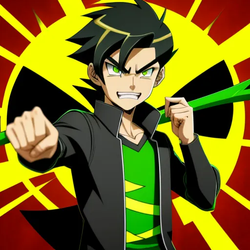 a cartoon character with a green and black outfit and a green and yellow background with a red and yellow sun, by Toei Animations