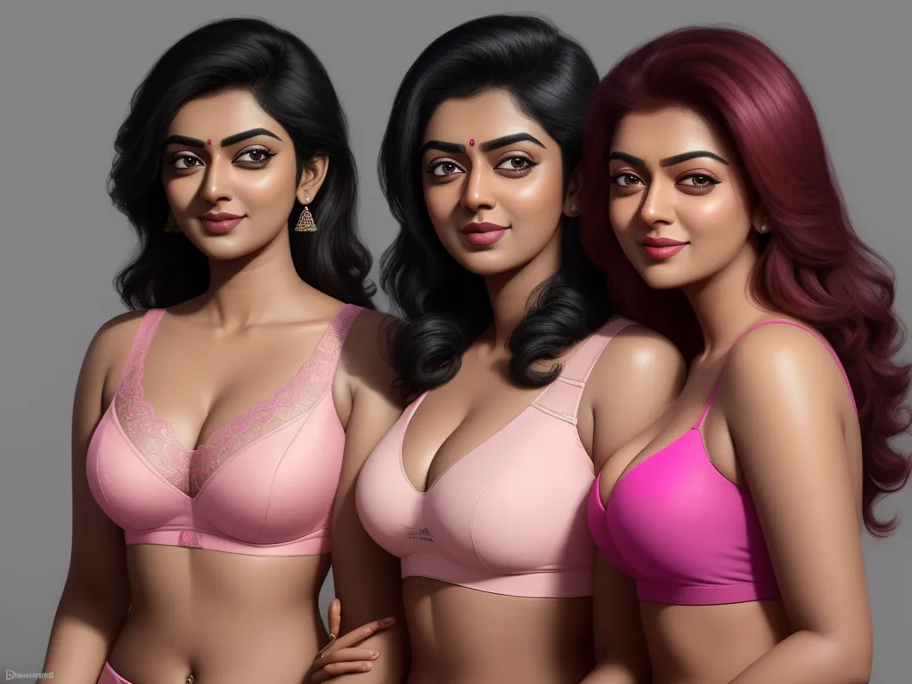 ai text to image - three women in pink bras posing for a picture together, one of them is wearing a bra and the other is wearing a bra, by Raja Ravi Varma