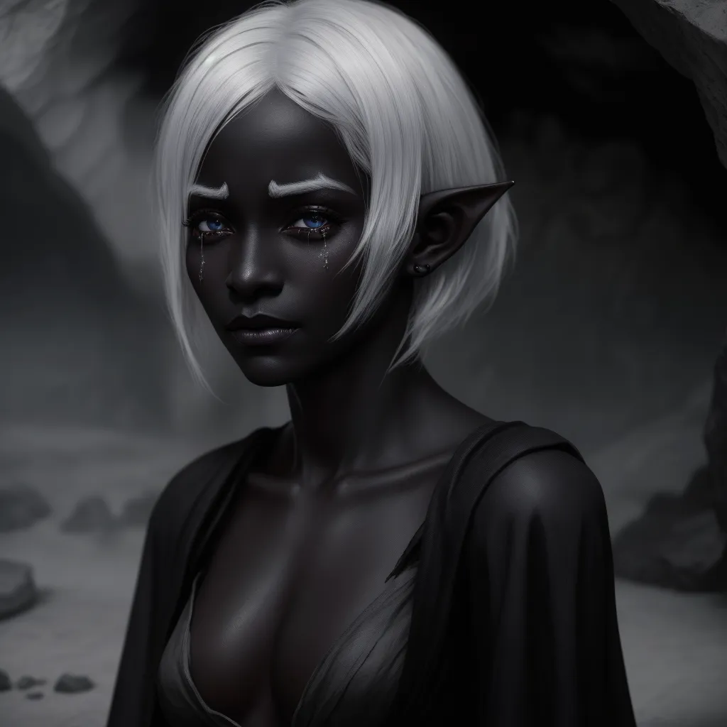 a woman with white hair and blue eyes in a cave with a black background and a cave entrance with a cave entrance, by Lois van Baarle