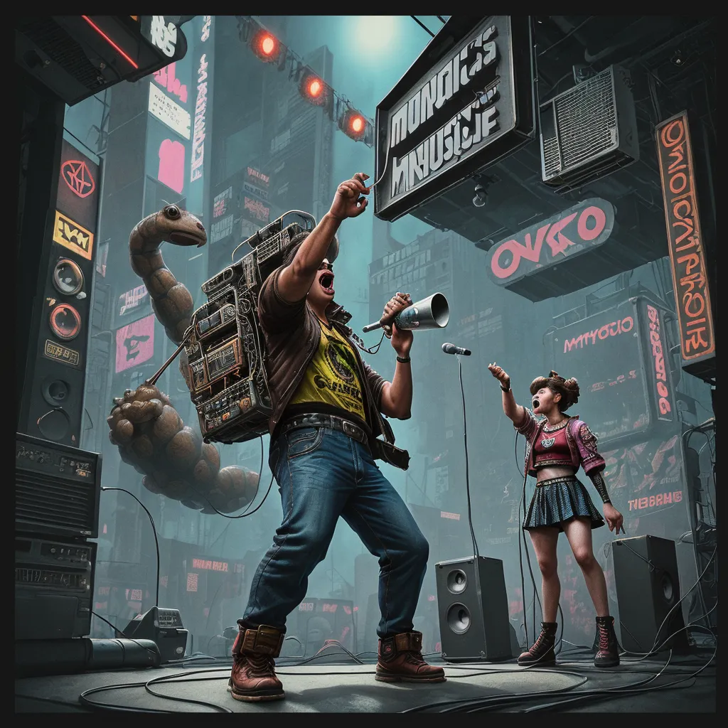 make image higher resolution - a man and a woman are on stage with a microphone and a microphone in their hand and a giant snake is in the background, by Simon Stalenhag