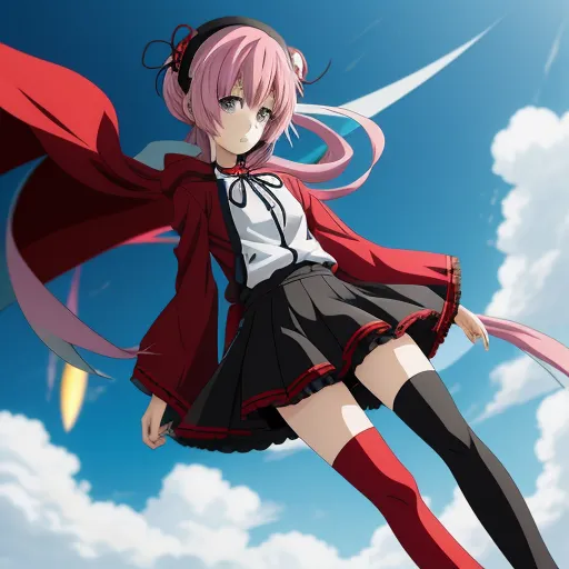 a girl in a short skirt and a red coat is flying through the air with a long red cape, by Hanabusa Itchō