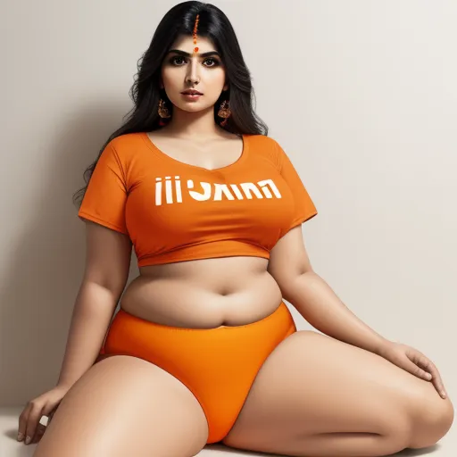 convert photo to 4k - a woman in an orange shirt and orange panties sitting on the floor with her legs crossed and her shirt tucked over her stomach, by Raja Ravi Varma