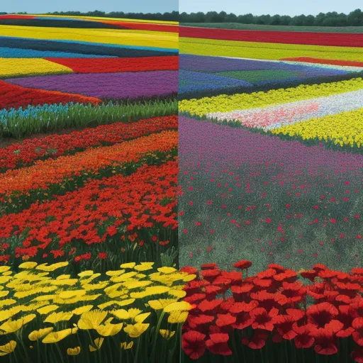 a field of flowers with a variety of colors in the middle of it and a field of flowers in the middle, by Andreas Gursky