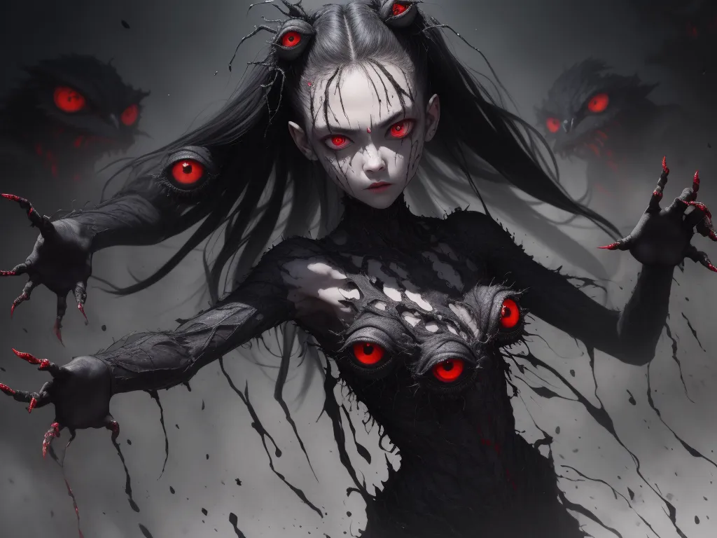 convert to high resolution - a woman with red eyes and long hair holding two hands up to her chest, with two demonic eyes on her body, by Hanabusa Itchō