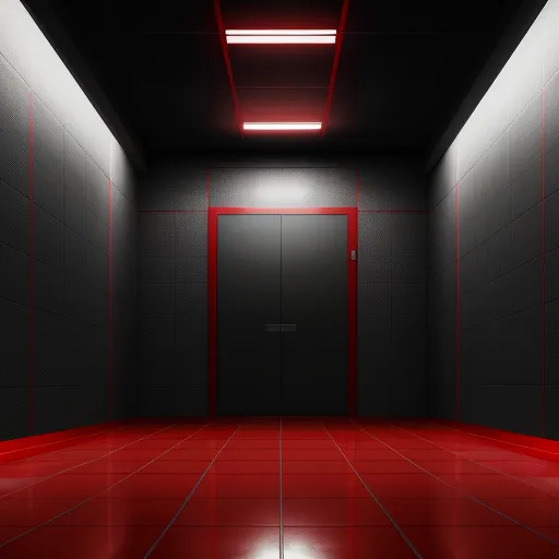 a red floor in a dark room with a door and light coming from it's ceiling and a red light coming from the ceiling, by Hendrik van Steenwijk I