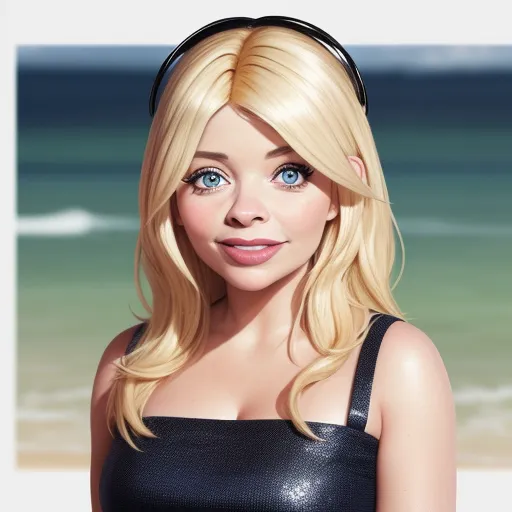 a woman with blonde hair and blue eyes standing in front of a beach and ocean background with a headband, by Pixar Concept Artists