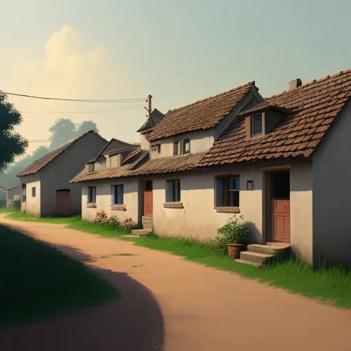 a painting of a row of houses with a dirt path leading to them and a tree in the background, by Goro Fujita