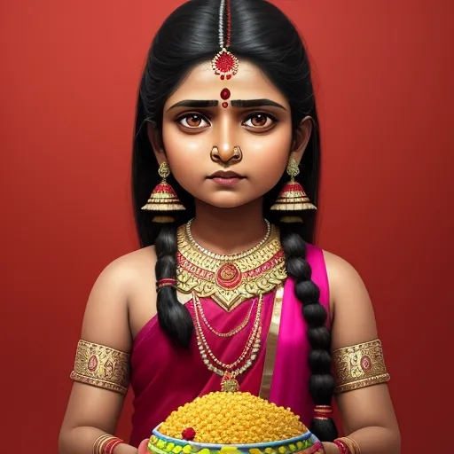 a digital painting of a girl holding a plate of food in her hands and wearing a traditional indian costume, by Raja Ravi Varma