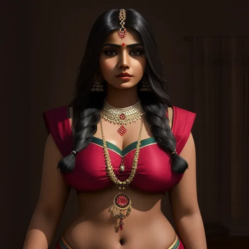 a woman in a red and green outfit with a necklace and necklace on her neck and chest, standing in a dark room, by Raja Ravi Varma