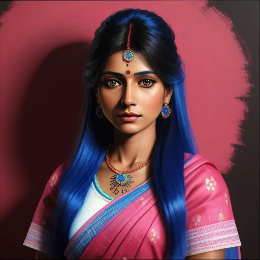 a woman with blue hair and a necklace on her neck and a pink background with a red circle behind her, by Raja Ravi Varma