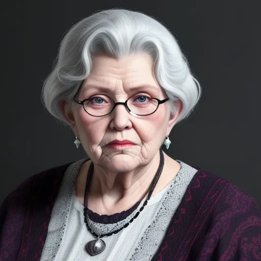 an older woman with glasses and a necklace on her neck, looking at the camera with a serious look on her face, by Gottfried Helnwein