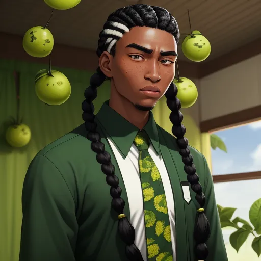 word to image generator ai - a man with long braids and a green shirt and tie with apples hanging from the ceiling above him, by Kehinde Wiley