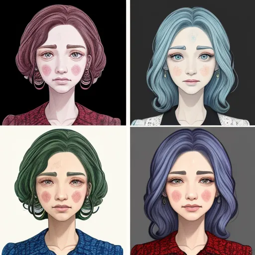 four different colored hair styles of women with different hair colors and hair styles, each with different hair colors, by Lois van Baarle