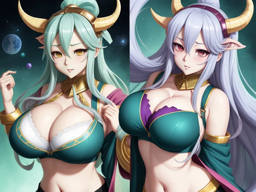 make any photo hd - a woman with long hair and horns in a bikini and a man with horns in his hair and a woman with horns in her hair, by Toei Animations