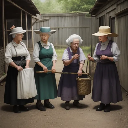 a group of women standing next to each other holding a basket and a cane in their hands and wearing hats, by Julie Blackmon